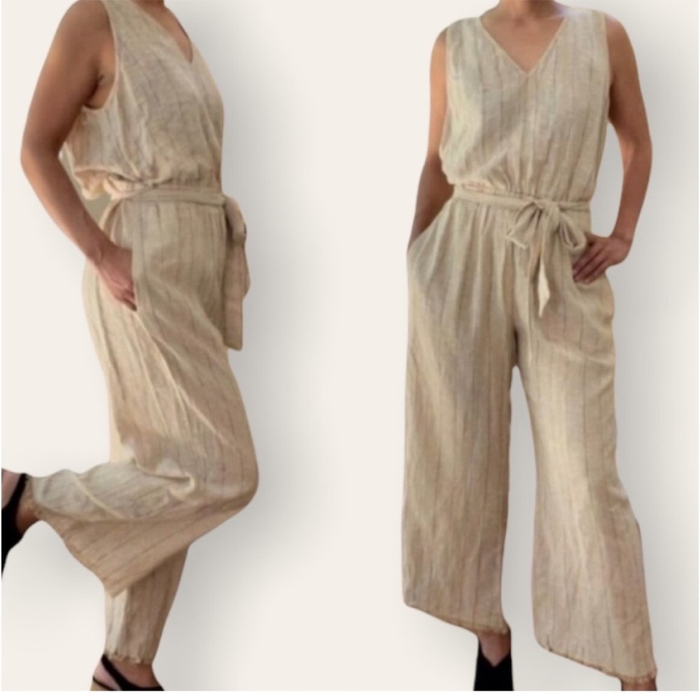 DREW x Anthropologie Striped Khaki Linen Blend Cropped Jumpsuit XS